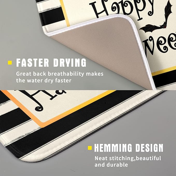 Happy Halloween Bats Dish Drying Mat for Kitchen Counter,Black and White Stripe Drying Mat 16 x 18 Inch with High Absorbent Microfiber Dish Drying Pad Dish Rack Pad Drainer Mat for Coffee Bar