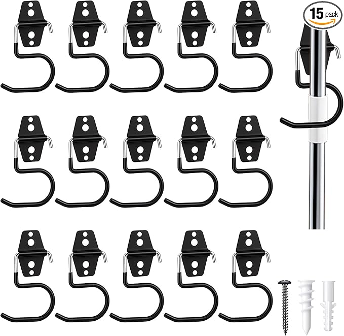 15 Pack Broom Holder Wall Mount - Heavy Duty Metal S Hooks with Anti-Slip Coating, Tool Hangers for Garage, Shed & Garden Organization, Includes Screws & Anchors