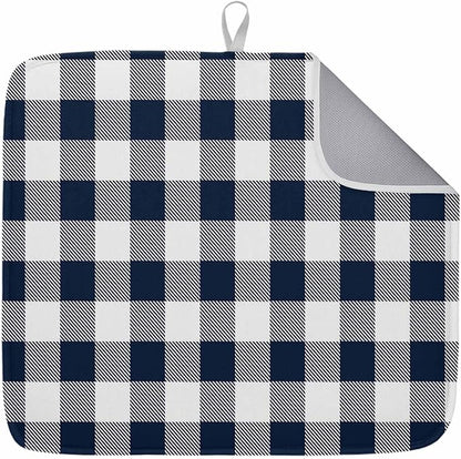 Dish Drying Mat Buffalo Plaid Dark Blue Check Drying Mats for Kitchen Counter Farmhouse Style Absorbent Microfiber Dish Drainer Quick Drying Coffee Mat with Hanging Loop, 18 x24 inch