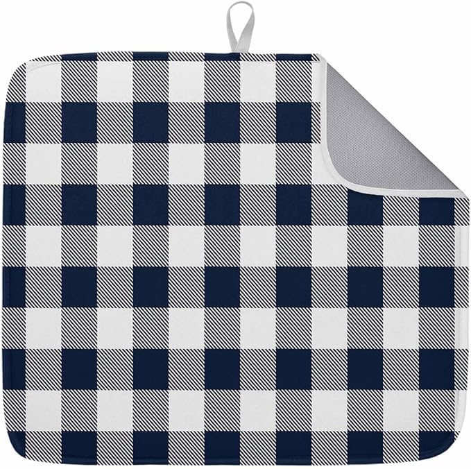 Dish Drying Mat Buffalo Plaid Dark Blue Check Drying Mats for Kitchen Counter Farmhouse Style Absorbent Microfiber Dish Drainer Quick Drying Coffee Mat with Hanging Loop, 16 x18 inch