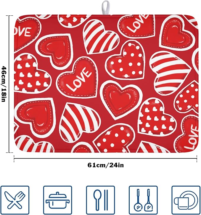 Valentines Day Dish Drying Mat for Kitchen Counter Red Polka Dot Stripe Love Heart Pattern Drying Mat 18x24 Inch Valentines Holiday Absorbent Dish Drainer Mat Kitchen Accessories