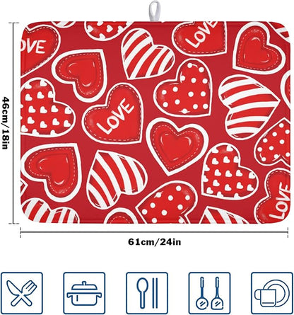 Valentines Day Dish Drying Mat for Kitchen Counter Red Polka Dot Stripe Love Heart Pattern Drying Mat 18x24 Inch Valentines Holiday Absorbent Dish Drainer Mat Kitchen Accessories