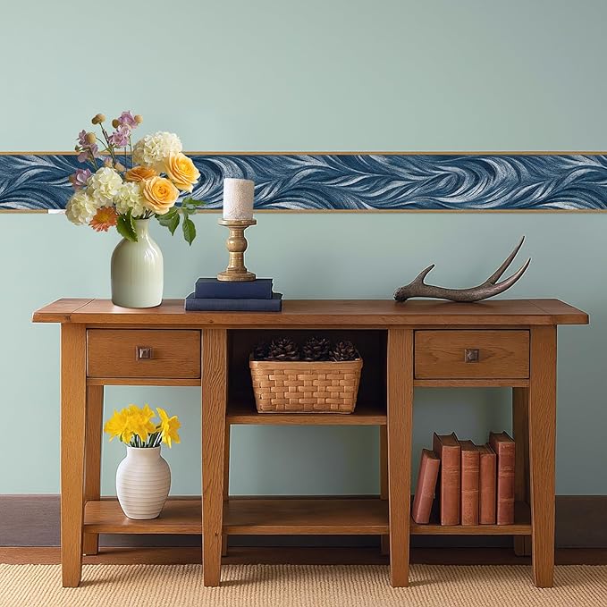 Blue Abstract Wallpaper Border 196x4 Inch Peel and Stick Wall Border Modern Wave Pattern Removable Vinyl Wall Trim Bathroom Kitchen Living Room Bedroom Home Decor
