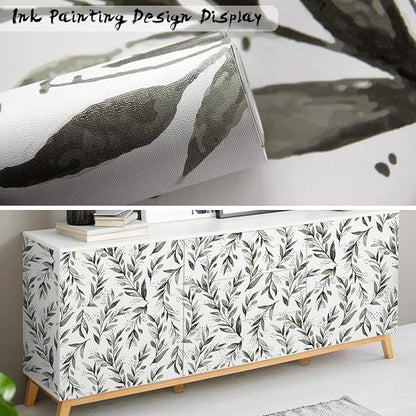 Livebor Green Leaf Peel and Stick Wallpaper Olive Leaf Contact Paper 17.7inch x 393.7inch Sage Green Wallpaper Peel and Stick Eucalyptus Farmhouse Wall Paper Neutral Self Adhesive Decorative Vinyl