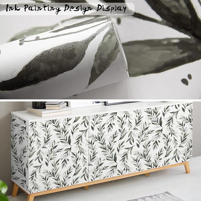 Livebor Green Leaf Peel and Stick Wallpaper Olive Leaf Contact Paper 17.7inch x 118.1inch Sage Green Wallpaper Peel and Stick Eucalyptus Farmhouse Wall Paper Neutral Self Adhesive Decorative Vinyl