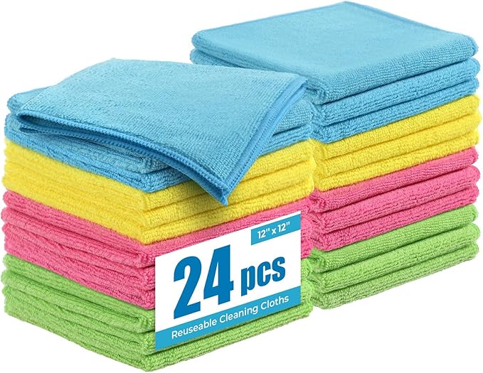 Microfiber Cleaning Cloth 24 Pack, 12x12 Inch Reusable Kitchen Dish Towels,Super Absorbent Soft Cleaning Rags for House, Window, Glass, Bathroom and Countertop (Assorted Colors)