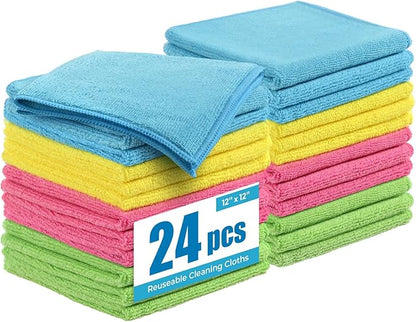 Microfiber Cleaning Cloth 24 Pack, 12x12 Inch Reusable Kitchen Dish Towels,Super Absorbent Soft Cleaning Rags for House, Window, Glass, Bathroom and Countertop (Assorted Colors)