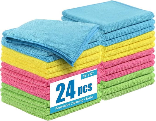 Microfiber Cleaning Cloth 24 Pack, 12x12 Inch Reusable Kitchen Dish Towels,Super Absorbent Soft Cleaning Rags for House, Window, Glass, Bathroom and Countertop (Assorted Colors)