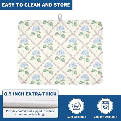 Hydrangea Floral Dish Drying Mat for Kitchen Counter Watercolor Blue and Pink Flower Drying Mat 18x24 Inch Rustic Elegant Absorbent Dish Drainer Mat Kitchen Accessories