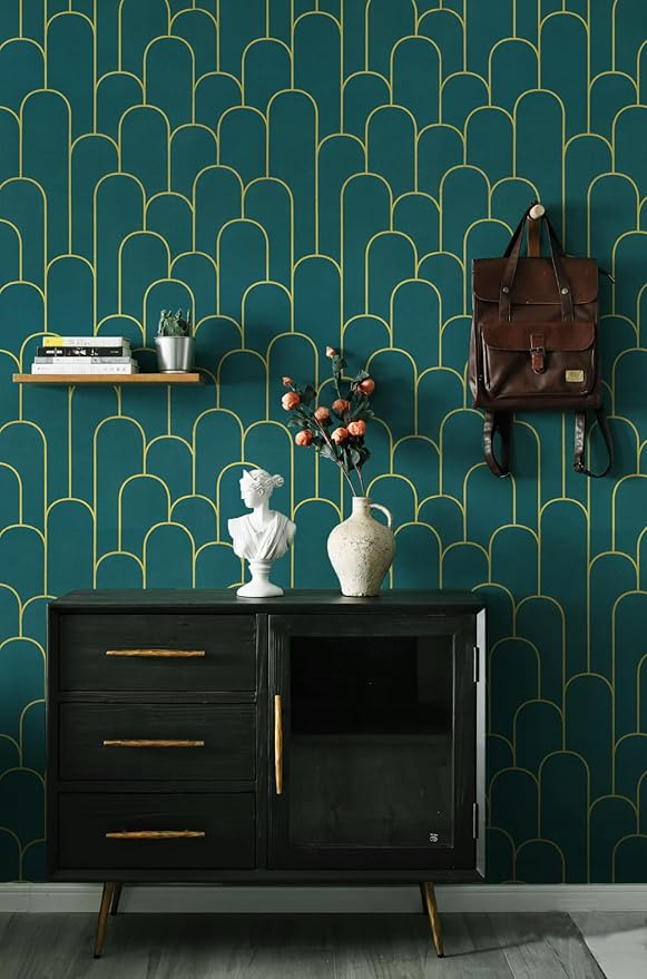 Yasinet Peel and Stick Wallpaper Green and Gold Wallpaper Modern Dark Green Contact Paper Gold Geometric Removable Self Adhesive Wall Paper for Bedroom/Cabinet Waterproof Bathroom Vinyl 393.7" x 17.3"
