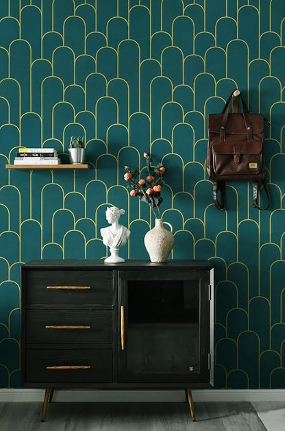 Yasinet Peel and Stick Wallpaper Green and Gold Wallpaper Modern Dark Green Contact Paper Gold Geometric Removable Self Adhesive Wall Paper for Bedroom/Cabinet Waterproof Bathroom Vinyl 393.7" x 17.3"