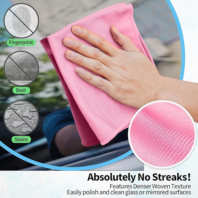 HOMERHYME Microfiber Cleaning Cloth - 6 Pack Glasses Cleaning Cloth, 16" x 14" Window Cleaning Rags, Streak Free Lint Free Polishing Cloths Wipes for Eye Glass, Stainless Steel, Windshield, Pink
