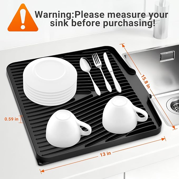 Silicone Dish Drying Mat for Kitchen Counter, Dish Drying Pad, Non-Slip Drain Pad with Built-in Drain, Heat Resistant Stone Drying Mat,Black-2pcs