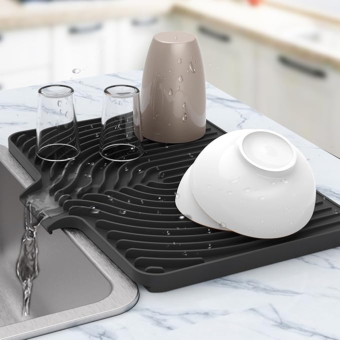 Silicone Drying Mat for Kitchen Counter , Dish Drying Rack Matt with Built in Drain, 18 Inch Dry Mats for Dishes Drying Pad for Kitchen Counter (18×12inch Extra Raised, black)