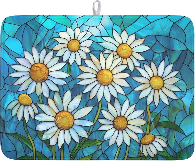 Daisy Drying Mat 24x18 Inch, Summer Spring Drying Mat with Absorbent Reversible Microfiber, Rustic Flowers Dish Drainer Mats Floral Rack Pad for Coffee Countertop Kitchen Protector