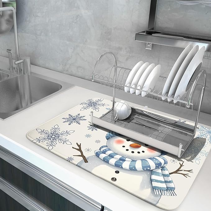 Winter Snowman Dish Drying Mat for Kitchen Counter 18x24 Blue Snowflake Bird Christmas Holiday Absorbent Reversible Microfiber Drying Mats Kitchen Countertop Protector Dishes Drainer Rack Pad