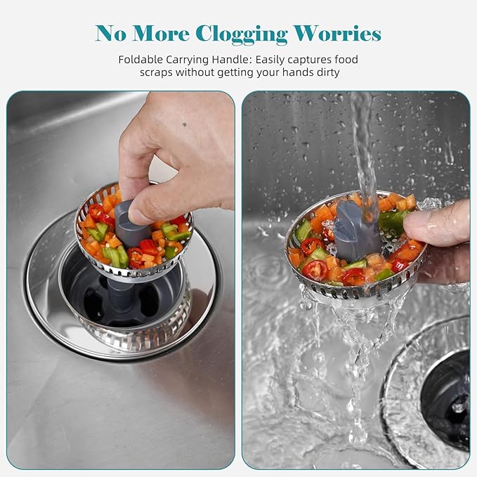 Universal Stainless Steel Kitchen Sink Drain Strainer Stopper, 3-in-1 Sink Stopper Strainer for Standard 3-1/2 Inch Kitchen Sink, Chrome-plated Shell with 304 Stainless Steel Mesh Strainer Basket