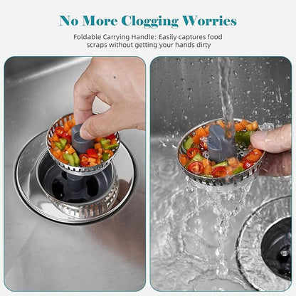 Universal Stainless Steel Kitchen Sink Drain Strainer Stopper, 3-in-1 Sink Stopper Strainer for Standard 3-1/2 Inch Kitchen Sink, Chrome-plated Shell with 304 Stainless Steel Mesh Strainer Basket