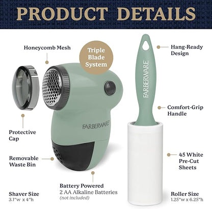 Farberware Fabric Shaver & Lint Remover Set–Battery Operated Sweater Shaver with Triple Blades and Extra Sticky Roller for Pet Hair, Fuzz & Pilling on Clothes, Upholstery & Bedding (Sage, Small)
