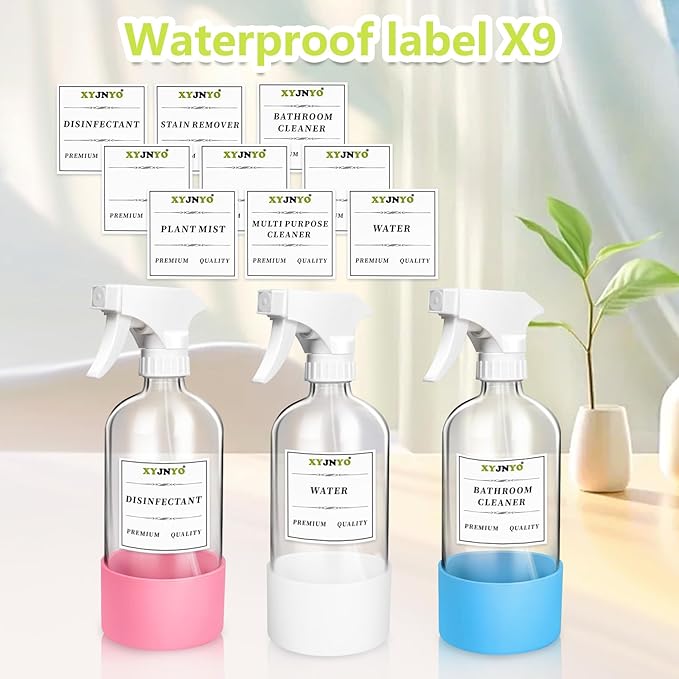 Glass Spray Bottles, 16oz Refillable Containers, Adjustable Spray Nozzles, Spray Bottles for Hair, Solutions, Cleaning, Gardening, Aromatherapy, Pets, Hair -Clear