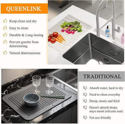 2-in-1 Stone Drying Mat Kit – Faucet Mat for Kitchen Sink & Drying Stone for Countertop, Quick Dry Diatomaceous Earth Dish Mat Set, Foldable & Non-Slip for Dishes & Bottles