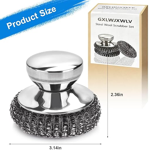 5PCS Stainless Steel Scrubber Pads, Steel Wool Scrubber Set with 2Pcs Handle, Stainless Scrubber for Cleaning Kitchen and Household, Dishes, Stoves, Grill, Wash Sink, Pots