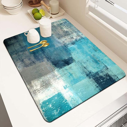 MCALK Turquoise Dish Drying Mat for Kitchen Counter, Teal Dish Drying Pad with Anti-Slip Rubber Base, Absorbent Kitchen Sink Mat with Abstract Art Decor (1 pc 18" x 16")