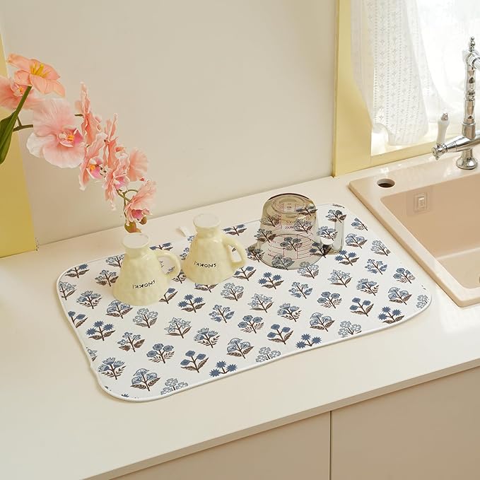 Blue Brown Block Print Dish Drying Mats 18x24 Inch Blue Brown Vintage Spring Floral Drying Mats Seasonal Outdoor Decorations Absorbent Drying Dish Mats for Kitchen Dining Room Counter Decor