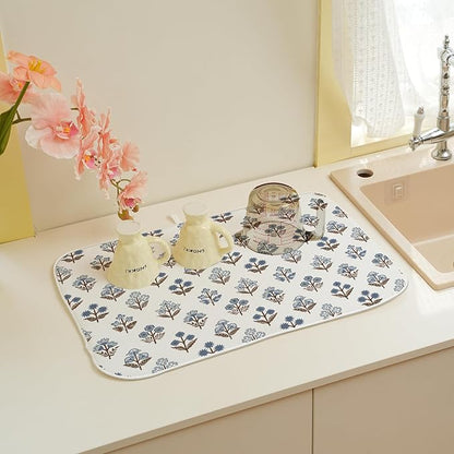 Blue Brown Block Print Dish Drying Mats 18x24 Inch Blue Brown Vintage Spring Floral Drying Mats Seasonal Outdoor Decorations Absorbent Drying Dish Mats for Kitchen Dining Room Counter Decor