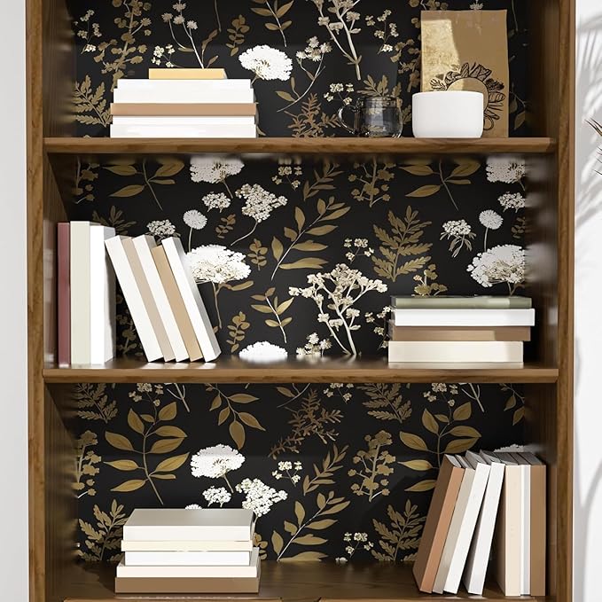 Laatse Dark Floral Wallpaper Peel and Stick Boho Wallpaper 17.5in x 118in Vintage Leaf Contact Paper Vinyl Waterproof Self Adhesive Leaf Botanical Wall Paper for Bedroom Walls Kitchen Cabinet