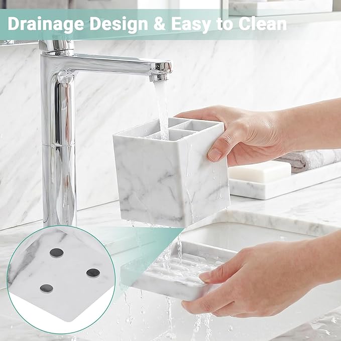 Toothbrush Holders for Bathrooms, 3 Slots Kids Countertop Silicone Electric Tooth Brush and Toothpaste Holder Organizer Stand with Drainage Tray, Bathroom Accessories Decor, White Marble