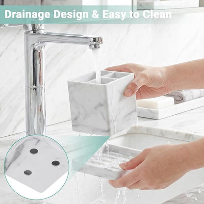 Toothbrush Holders for Bathrooms, 3 Slots Kids Countertop Silicone Electric Tooth Brush and Toothpaste Holder Organizer Stand with Drainage Tray, Bathroom Accessories Decor, White Marble