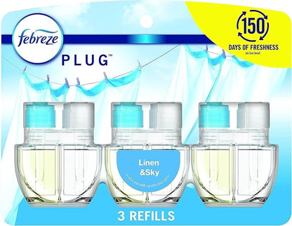 Febreze Plug with Fade Defy Technology Air Freshener - New Limited Edition - (3) of 0.87 fl oz Refills (Linen & Sky)