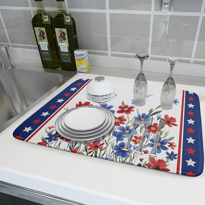 4th of July Dish Drying Mats for Kitchen Counter Summer Flowers Patriotic Kitchen Mats 18x24 Inch Absorbent Microfiber Drainer Mats Independence Day Dishes Pad Quick Dry for Tableware Protector Decor