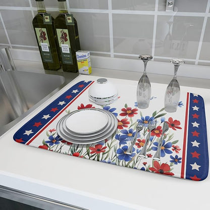 4th of July Dish Drying Mats for Kitchen Counter Summer Flowers Patriotic Kitchen Mats 18x24 Inch Absorbent Microfiber Drainer Mats Independence Day Dishes Pad Quick Dry for Tableware Protector Decor