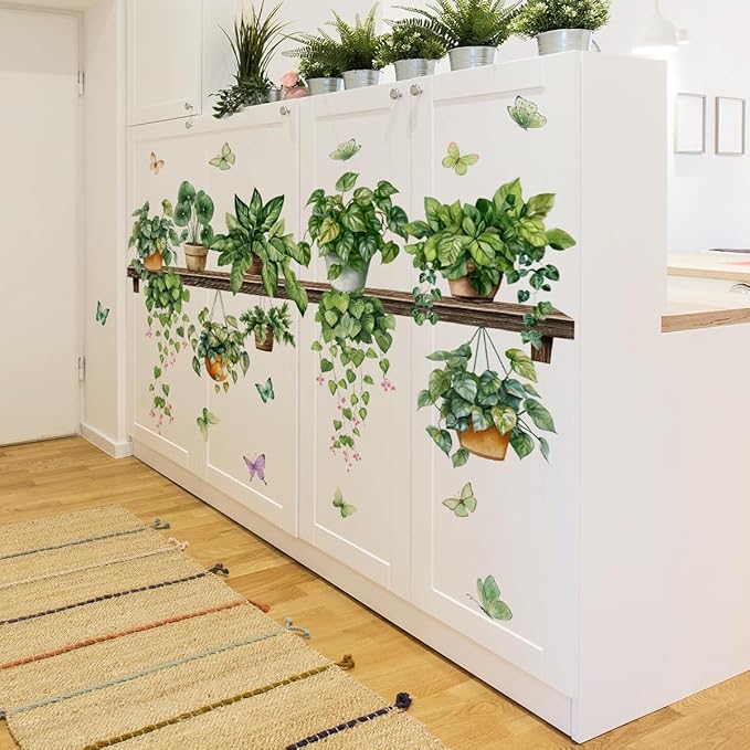 2 Sheets Potted Green Plants Wall Stickers & Murals Peel and Stick Removable Wall Decals Living Room Vinyl 3D Wall Stickers for Bedroom Bathroom Cabinet Vine Wall Clings Decor with Butterflies