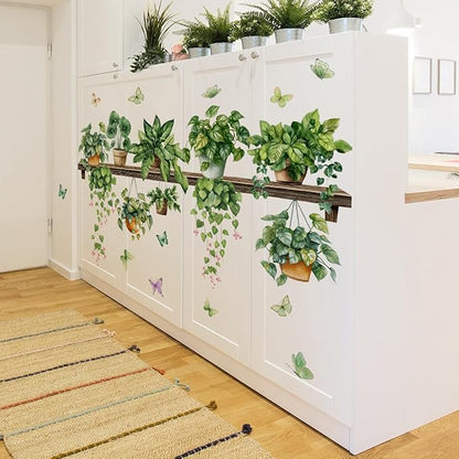2 Sheets Potted Green Plants Wall Stickers & Murals Peel and Stick Removable Wall Decals Living Room Vinyl 3D Wall Stickers for Bedroom Bathroom Cabinet Vine Wall Clings Decor with Butterflies