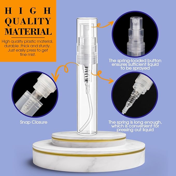 60PCS Small Perfume Sample Bottles, 30PCS 5ml Mini Spray Bottle with 30PCS 3ml Fine Mist Portable Travel Refillable Bottle, Plastic Atomizer Sprayer for Perfume