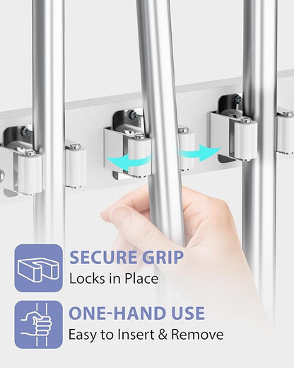 FANGSUN Broom Holder Door Mount Hanging, Over The Door Broom and Mop Organizer with 4 Slots and 4 Hooks, Wooden Tool Rack Storage Hanger for Laundry, Closet, Garage, No Drills