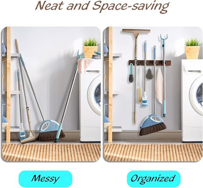 OUTNILI Mop and Broom Holder Wall Mount - Rustic Wood Broom Mop Hanger - Wall Mounted Garden Tool Rack Organizer for Closet Garage Laundry Room Kitchen Decor With 4 Slots & 4 Hooks