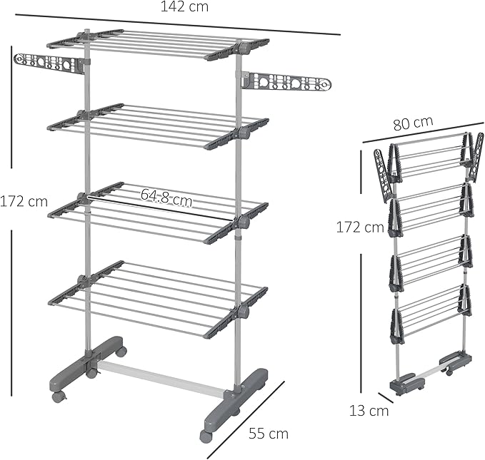 HOMCOM Folding Clothes Airer in Stainless Steel and Plastic, Space-Saving Vertical Drying Rack with 6 Wheels, Hooks and 4 Adjustable Shelves for Indoors, 142 x 55 x 172 cm, Silver Grey