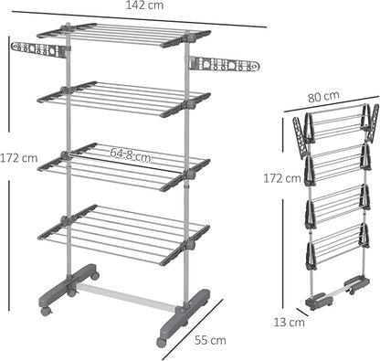 HOMCOM Folding Clothes Airer in Stainless Steel and Plastic, Space-Saving Vertical Drying Rack with 6 Wheels, Hooks and 4 Adjustable Shelves for Indoors, 142 x 55 x 172 cm, Silver Grey