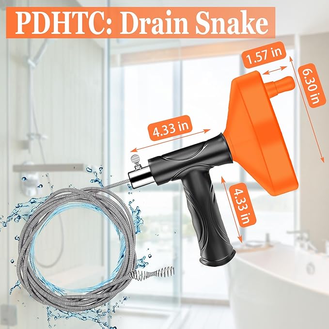 Drain Snake Auger（33 Feet）, Plumbing Snake Drain Hair Clog Removal Tool, Heavy Duty Snake Auger, Sink Unclogger Drain Cleaner Tool for Bathroom Kitchen Tub Shower Drain Clog Remover with Gloves