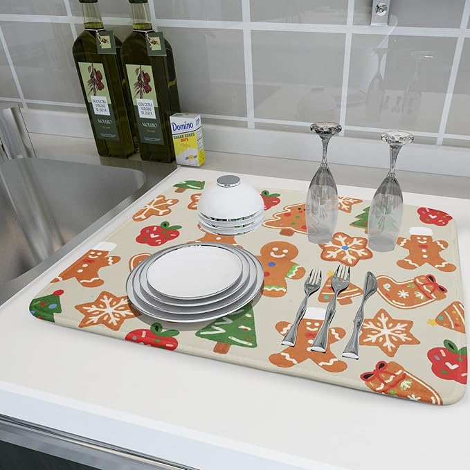 Christmas Dish Drying Mat for Kitchen Counter 18x24 Cute Gingerbread Themed Winter Xmas Holiday Absorbent Reversible Microfiber Drying Mats Kitchen Countertop Protector Dishes Drainer Rack Pad