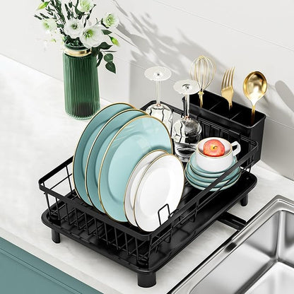 Small Dish Drying Rack, Space Saving Dish Racks for Kitchen Counter, Kitchen Organizer Dish Drainer with Cutlery Holder for Spoons and Forks, 11''W x 15''L, Black