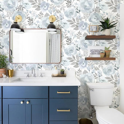 Orainege Floral Wallpaper Peel and Stick Wallpaper Boho 17.3inx393.7n Self Adhesive Contact Paper Removable Decorative Wall Paper for Bedroom Bathroom Shelf Liner Decor Vinyl,Blue