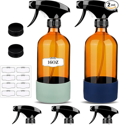 ZENOWICK 2 Pack/16 Oz Glass Spray Bottles, Refillable Empty Containers with Silicone Sleeve, Upgraded Adjustable Nozzle Spray Bottle Sets for Cleaning, Essential Oils, Hair (Amber)