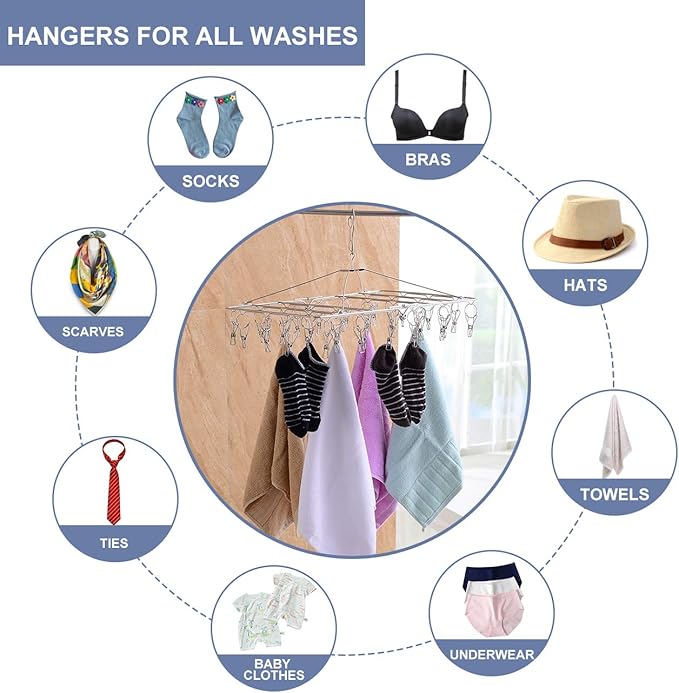 Fayleeko Drying Rack, 52 Clips Stainless Steel Laundry Drying Rack Folding Sock, Underwear, Clothes Hangers for Drying Towels, Bras, Lingerie, Baby Clothes