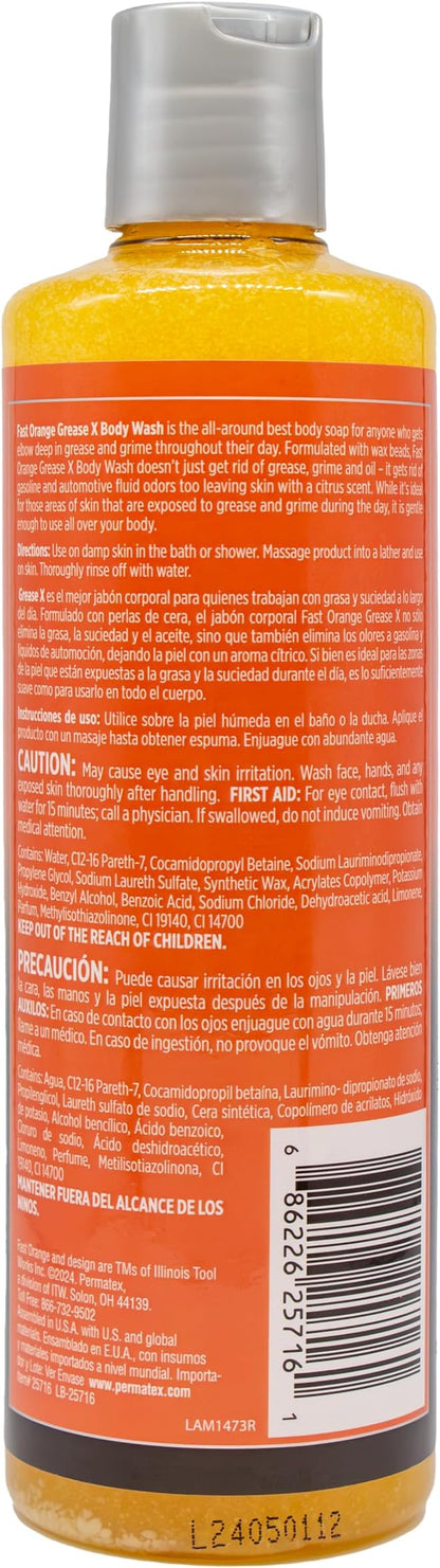 Fast Orange 25716 Grease X Body Wash, Exfoliating & Hydrating Heavy Duty Shower Gel for Men and Women, Mechanic & Industrial Body Soap Removes Grime, Oil, Automotive Odors & More, Citrus Scent 16 Oz.