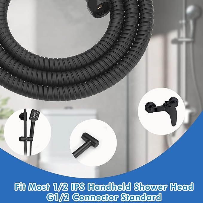 RUMOSE 79 inches Shower Hose Shower Head Extension Hose Extra Long Stainless Steel Shower Tube Attachment Flexible Handheld Shower Sprayer Hose, Matte Black